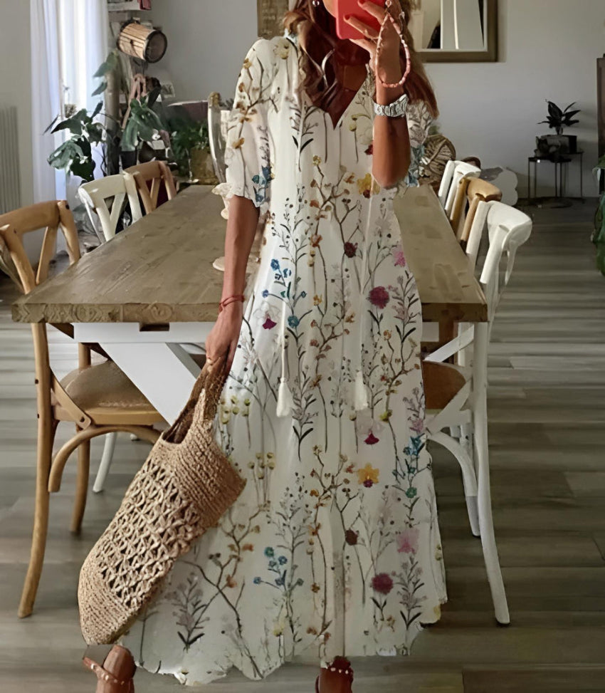Andrea - Vestido Impreso Vintage Boho con Escote en V