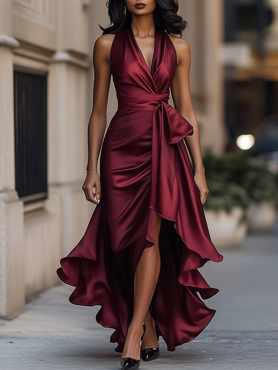 Vestido de Raso con Volantes y Cuello Halter Elegancia de Medianoche
