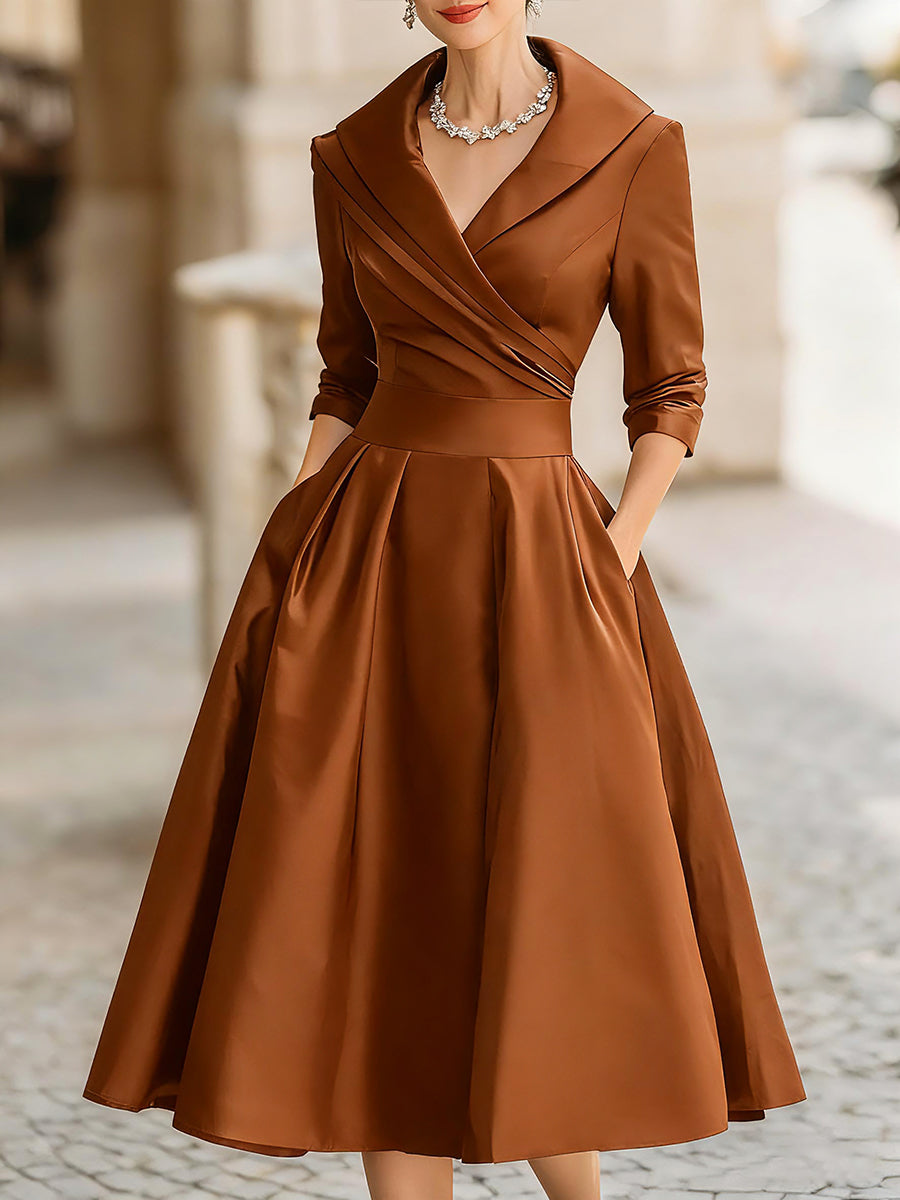 Vestido Midi de Satén Inspirado en lo Vintage con Cuello Drapado