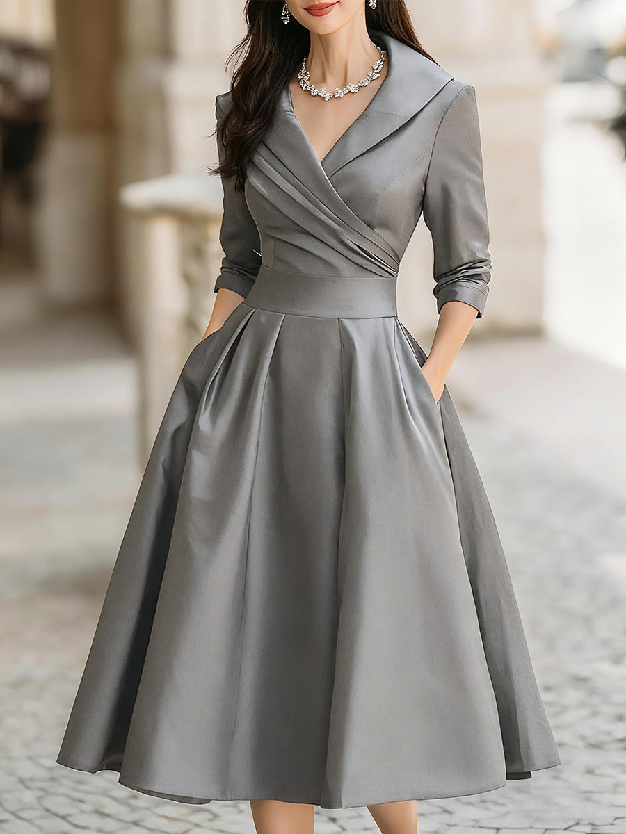 Vestido Midi de Satén Inspirado en lo Vintage con Cuello Drapado