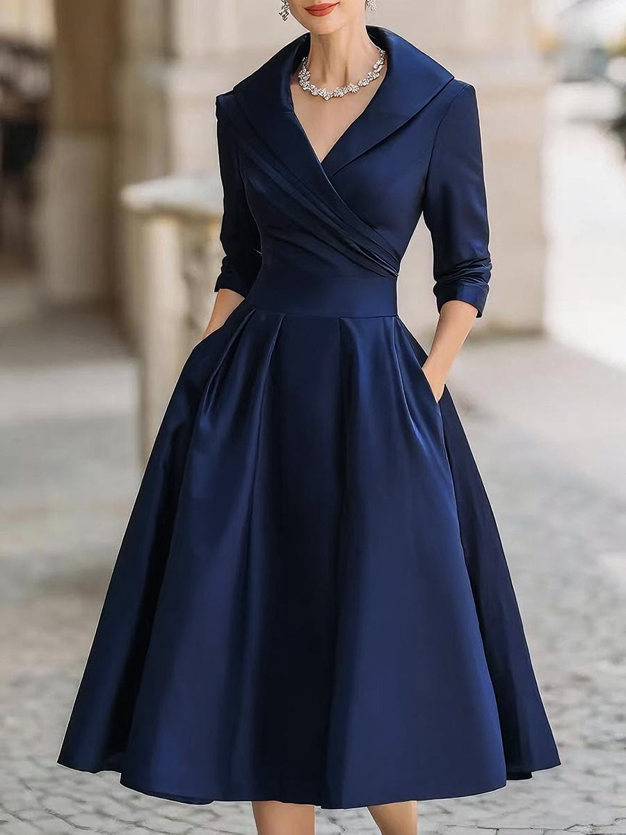 Vestido Midi de Satén Inspirado en lo Vintage con Cuello Drapado