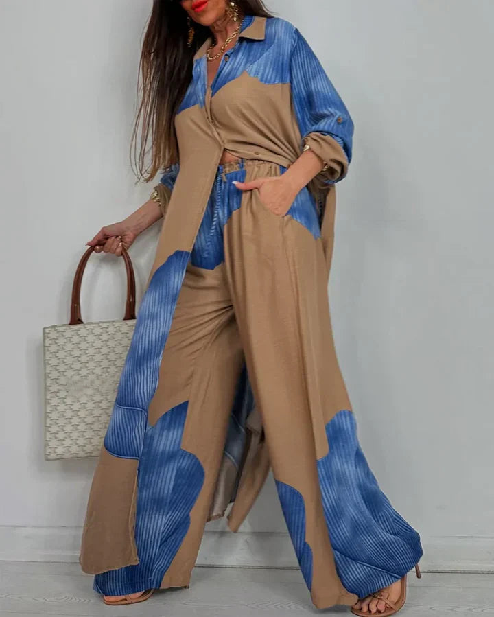 Skye - Conjunto de Top de Patchwork Impreso y Pantalones de Pierna Ancha
