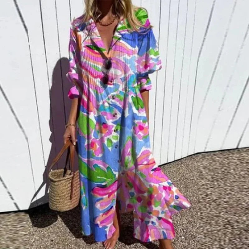 Caitlyn - Vestido Maxi de Manga Abullonada Bohemia