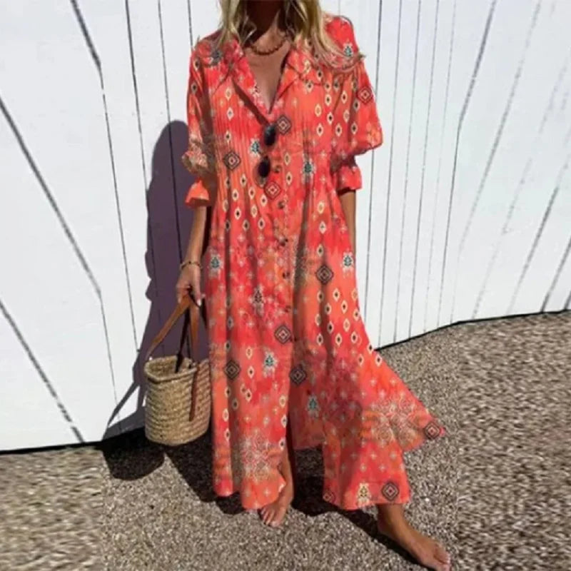 Caitlyn - Vestido Maxi de Manga Abullonada Bohemia