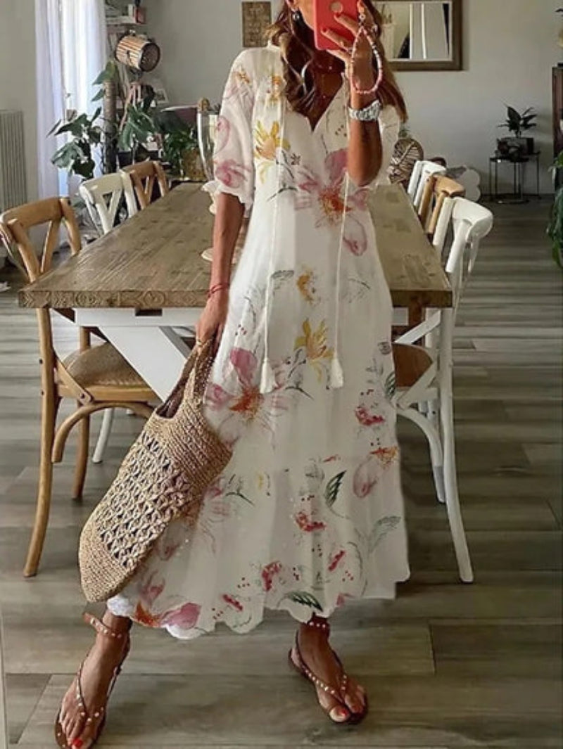 Andrea - Vestido Impreso Vintage Boho con Escote en V