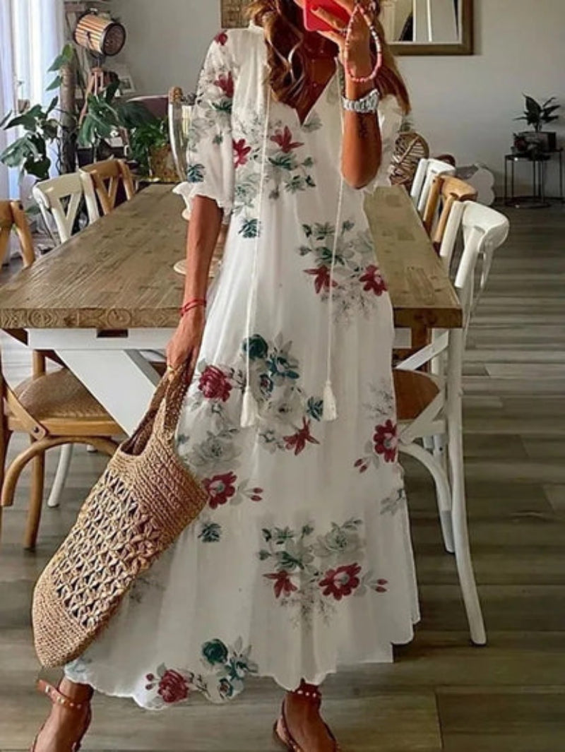 Andrea - Vestido Impreso Vintage Boho con Escote en V