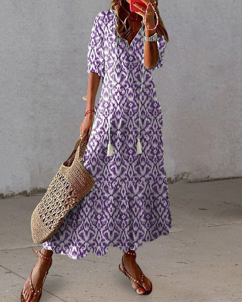 Andrea - Vestido Impreso Vintage Boho con Escote en V