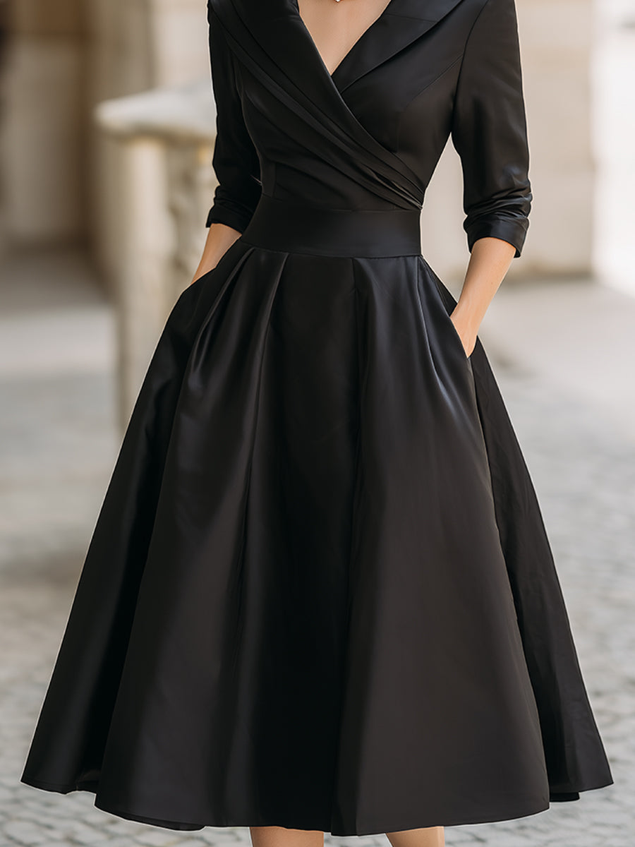 Vestido Midi de Satén Inspirado en lo Vintage con Cuello Drapado