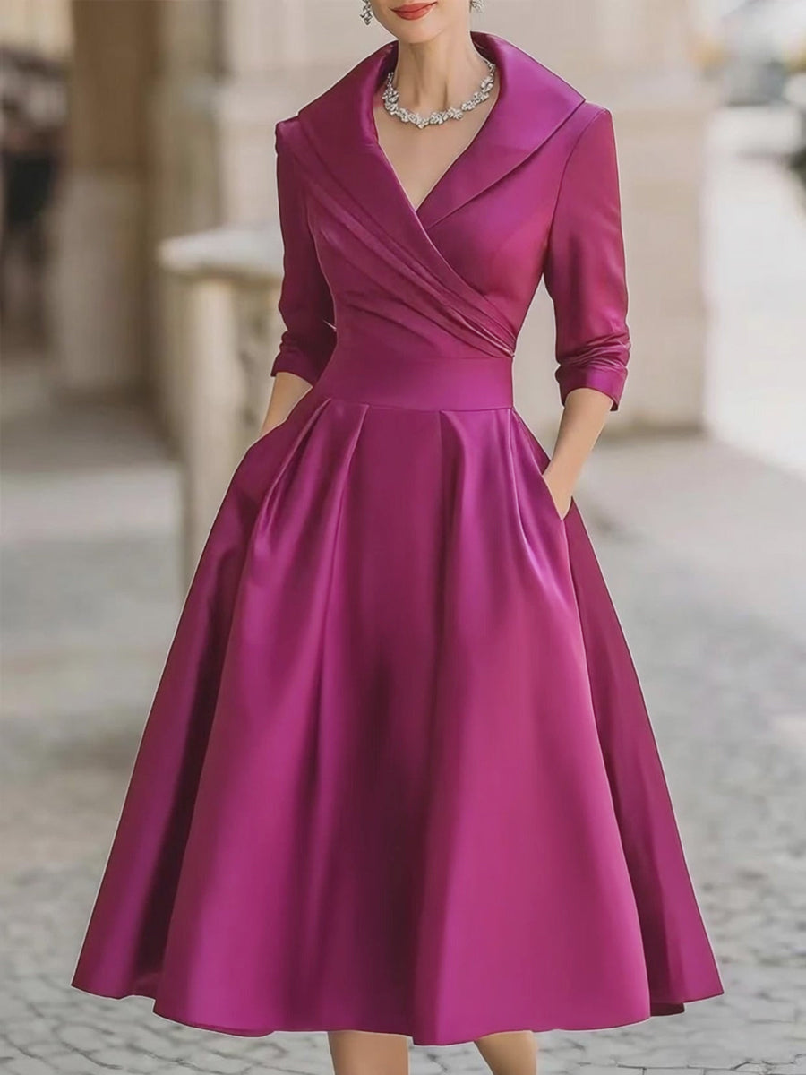 Vestido Midi de Satén Inspirado en lo Vintage con Cuello Drapado