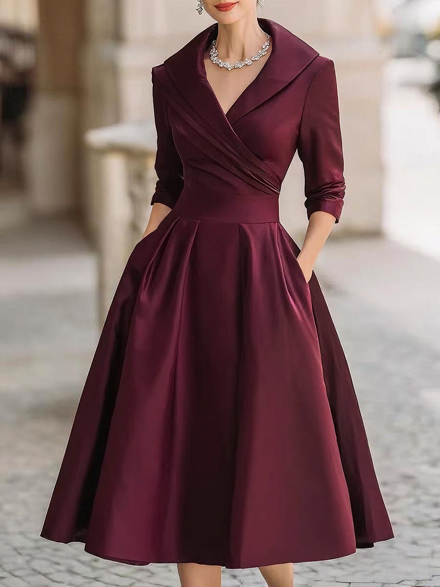 Vestido Midi de Satén Inspirado en lo Vintage con Cuello Drapado