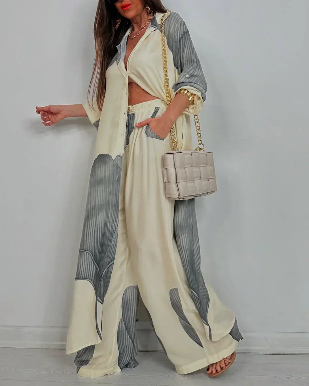 Skye - Conjunto de Top de Patchwork Impreso y Pantalones de Pierna Ancha