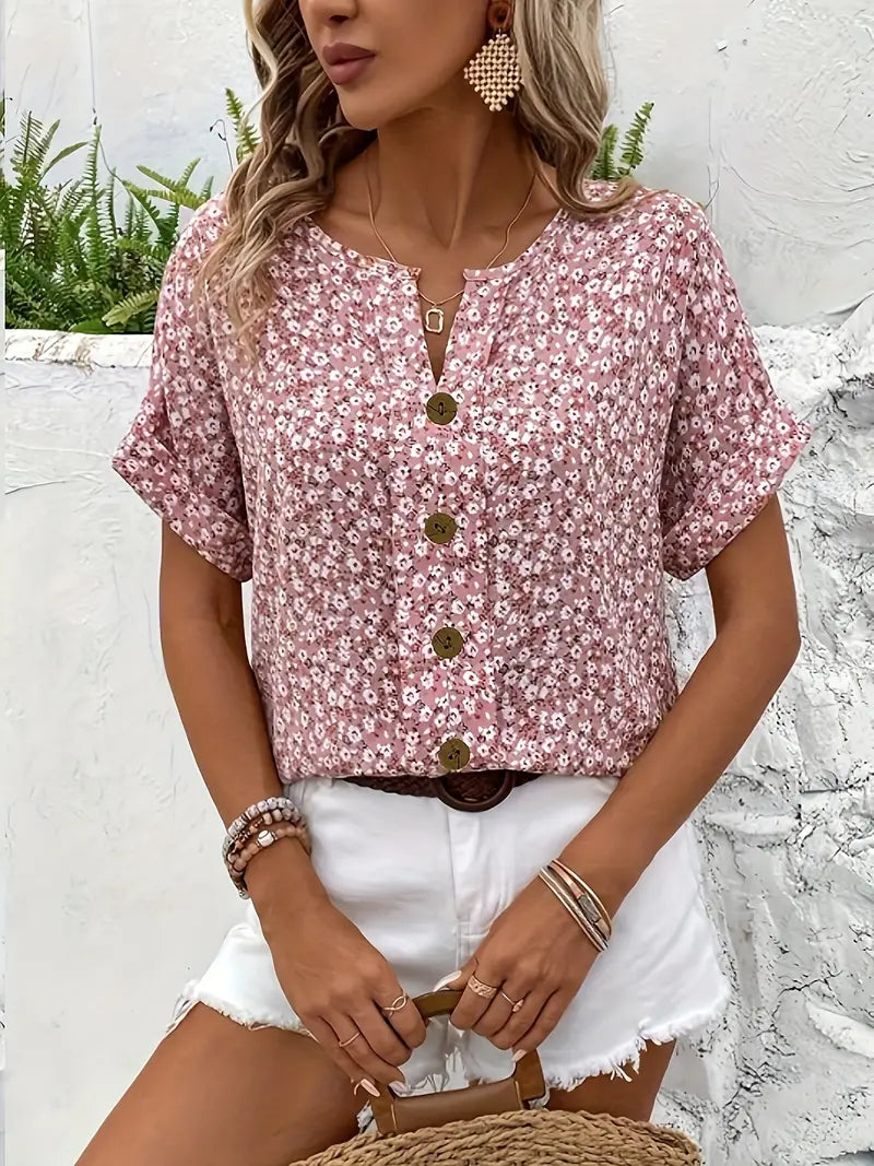 Alira - Camiseta Casual de Botones con Escote en V