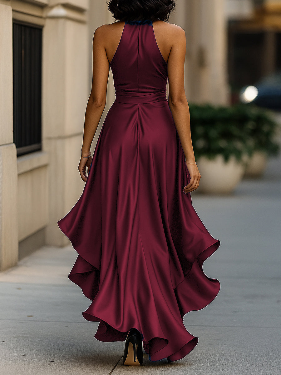 Vestido de Raso con Volantes y Cuello Halter Elegancia de Medianoche