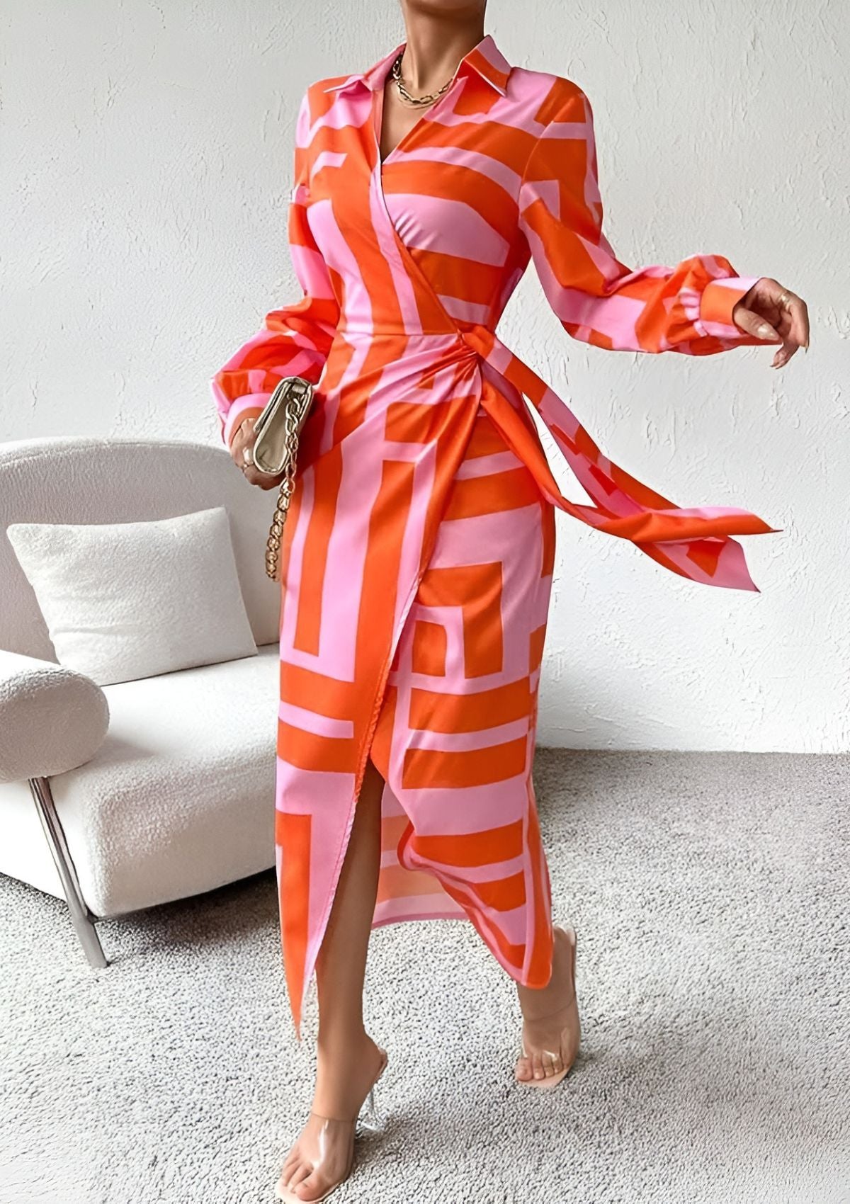 Olivia – Vestido Camisero Impreso con Cintura