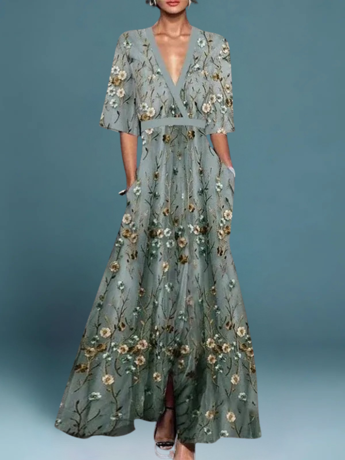 Lauren - Vestido Boho Elegante de Flores con Cuello en V y Cinturón