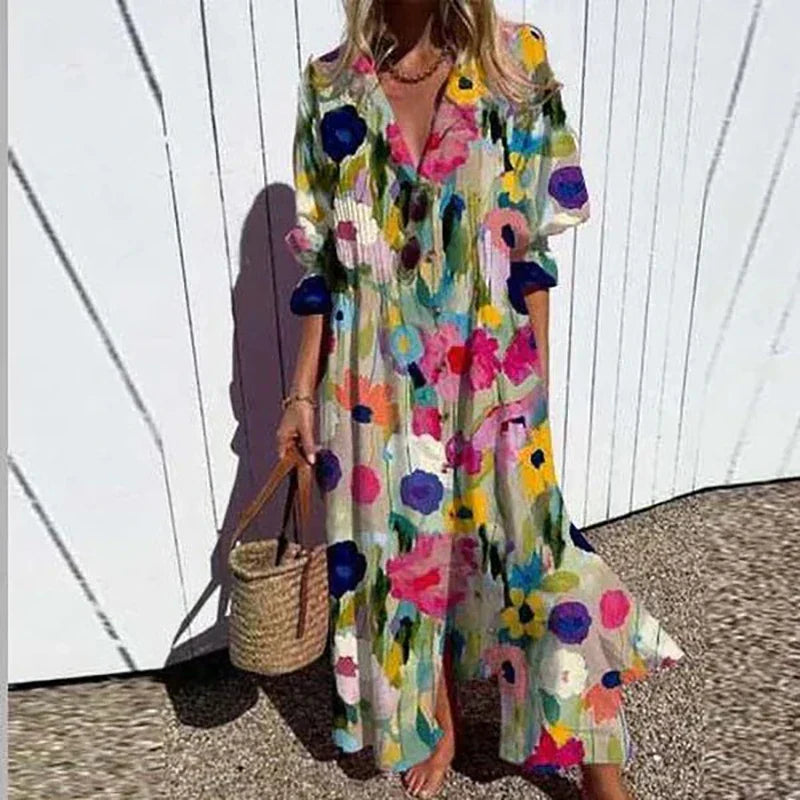 Caitlyn - Vestido Maxi de Manga Abullonada Bohemia