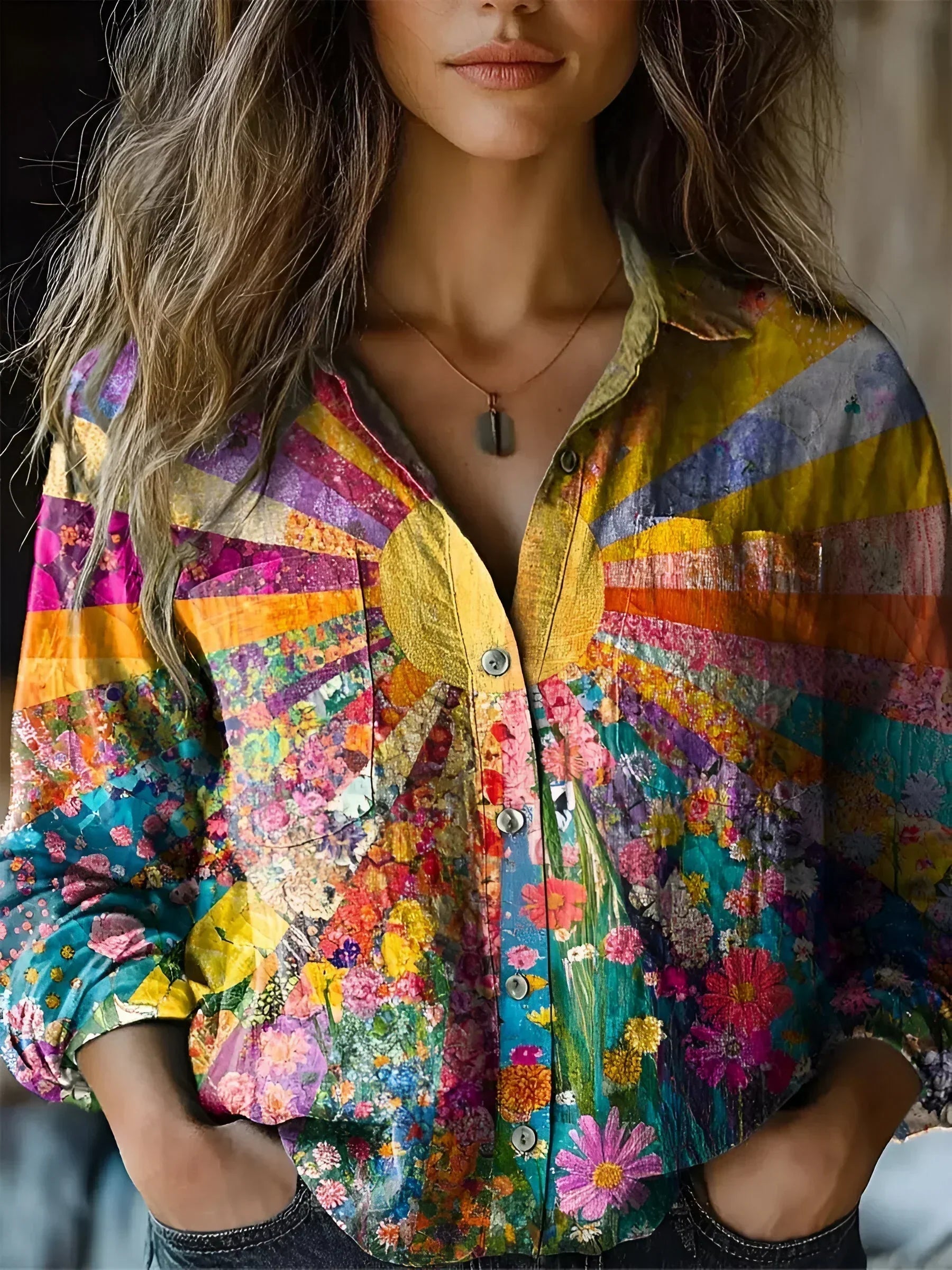 Amora - Blusa con Parches Florales al Amanecer