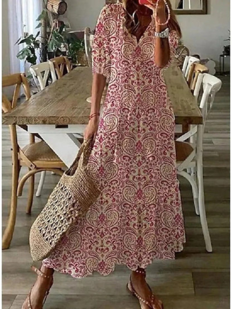 Andrea - Vestido Impreso Vintage Boho con Escote en V